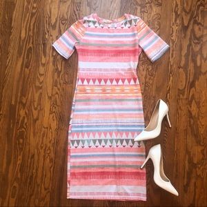 EUC Freeway fitted geometric print midi dress M